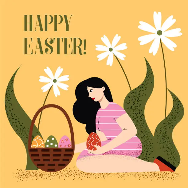 Vector illustration of Vector Easter illustration of a girl with a basket and Easter eggs. Greeting card, banner.