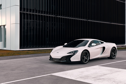 White Mclaren 650s standing in front of the Equinor building. Oslo, Norway- 06.02.2016