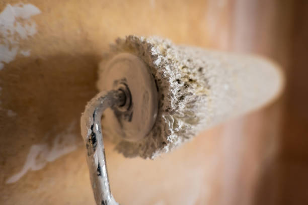 Paint roller extendable pole over rough old concrete wall during home renovation in england uk.