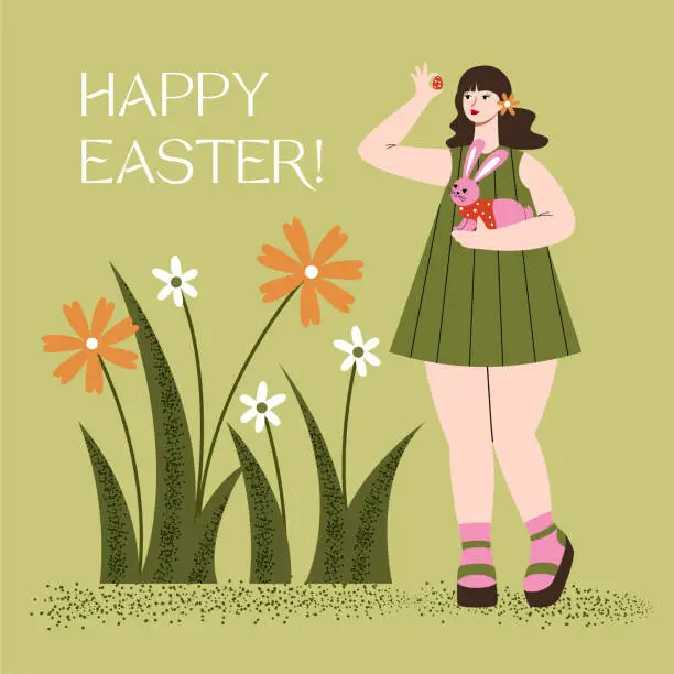 Vector illustration of Vector Easter illustration of a girl with a pink bunny and an Easter egg. Postcard, banner.