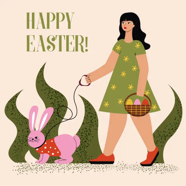 Vector illustration of Vector Easter illustration of a girl with a pink bunny and a basket of Easter eggs. Greeting card, banner.