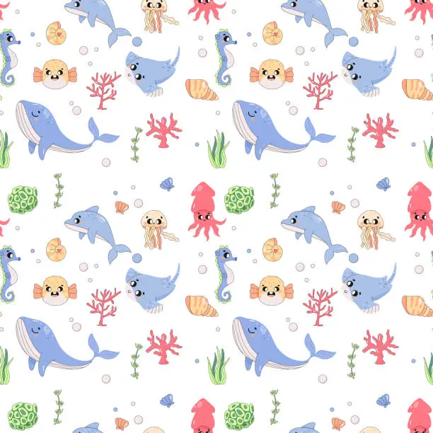 Vector illustration of Summer seamless pattern, sea world, fugu fish, stingray, squid, seahorse and whale, child.