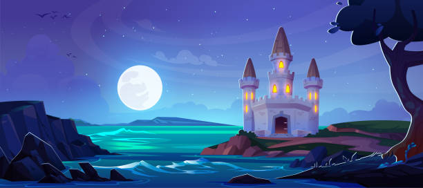 istock Fairytale castle on hill above stormy night sea 2114379676