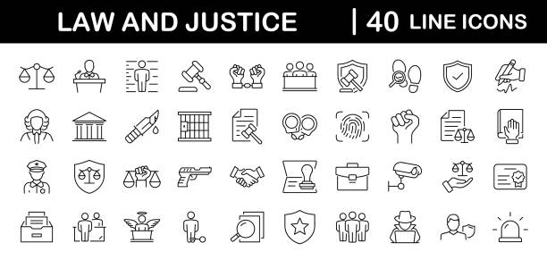 Law and justice set of web icons in linear style. Justice and law icons for web and mobile app. Legal documents. Law, judgement, prison, justice, court legal, lawyer, criminal. Vector illustration Law and justice set of web icons in linear style. Justice and law icons for web and mobile app. Legal documents. Law, judgement, prison, justice, court legal, lawyer, criminal. Vector illustration criminal stock illustrations