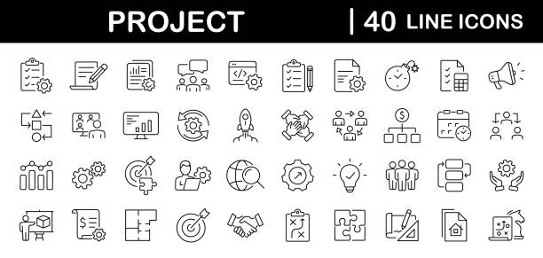 ilustraciones, imágenes clip art, dibujos animados e iconos de stock de conjunto de gestión de iconos web en estilo lineal. iconos de gestión de proyectos para web y aplicación móvil. negocio, gestión de organizaciones, planificación, proyectos, startup, marketing, trabajo en equipo. ilustración vectorial - política