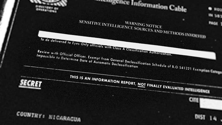 Slow move on classified top secret document as white lines cover and erase text