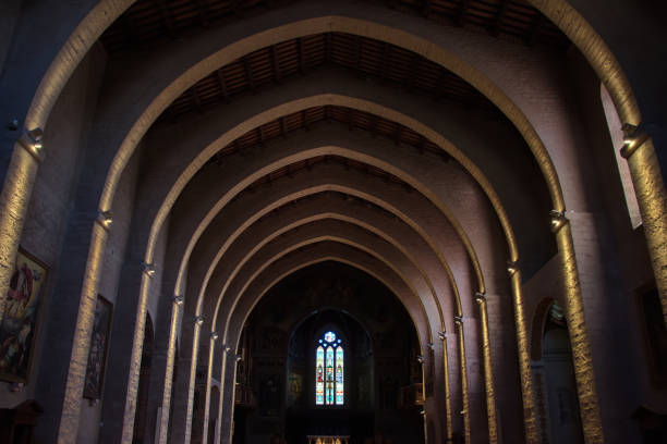 bottom view of the interior ceiling of the church