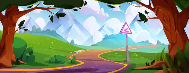 Vector illustration of Winding road leading to high rocky mountains.