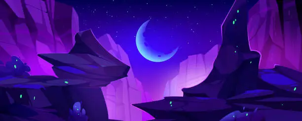 Vector illustration of Night landscape with rocky cliff edges over chasm