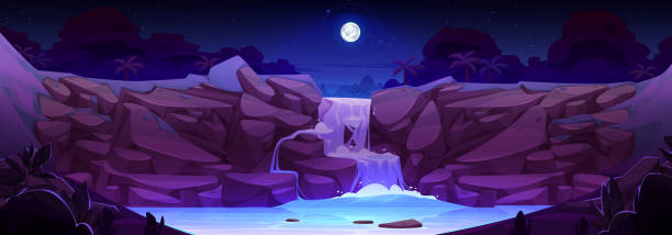 ilustrações de stock, clip art, desenhos animados e ícones de night landscape with cascade waterfall in jungle - rainforest tropical rainforest forest moonlight