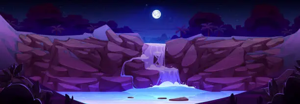 Vector illustration of Night landscape with cascade waterfall in jungle