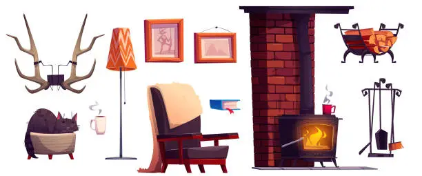 Vector illustration of Chalet interior furniture and decorative elements.