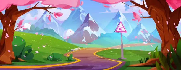 Vector illustration of Serpentine asphalt road leading to mountains