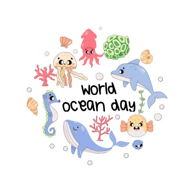 Vector illustration of world ocean day, marine world, dolphin, whale, fugu fish, squid, seahorse.