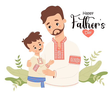 Happy Father's Day card. Ukrainian bearded man dad with son in traditional embroidered clothes, vyshyvanka on white background. Festive nation character family. Vector illustration.