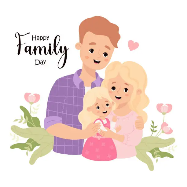 Vector illustration of Happy Family Day card. Cute man father, with wife mother blonde and daughter in flowers. Vector illustration