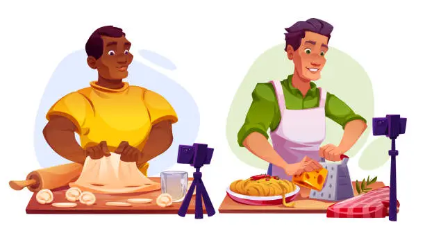 Vector illustration of Cooking food online class and blogging.
