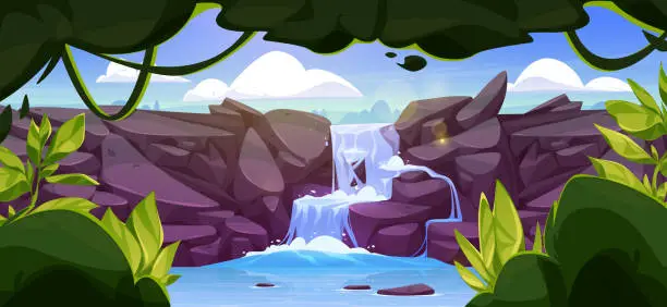 Vector illustration of Summer landscape with cascade waterfall in jungle