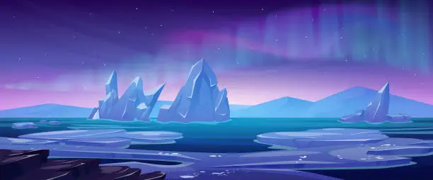 Vector illustration of North pole landscape with aurora borealis