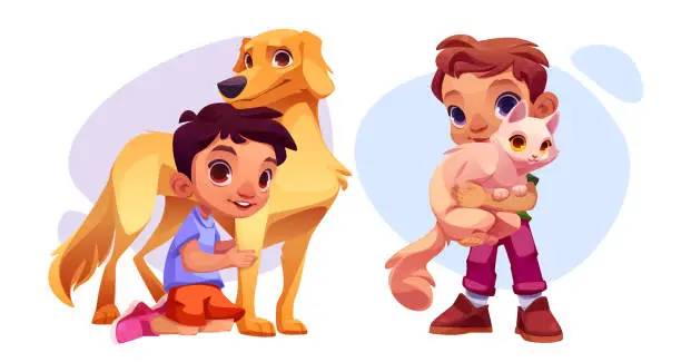 Vector illustration of Kid boy with pet dog and cat.