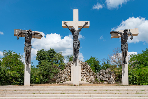 Depiction of the crucifixion of Jesus Christ with the two criminals also crucified at his sides on Mount Golgotha