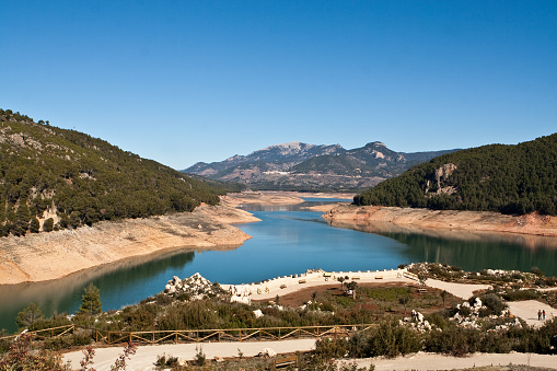 Panoramic view of reservoir of Tranco at half of its capacity, in the province of Jaen, Spain