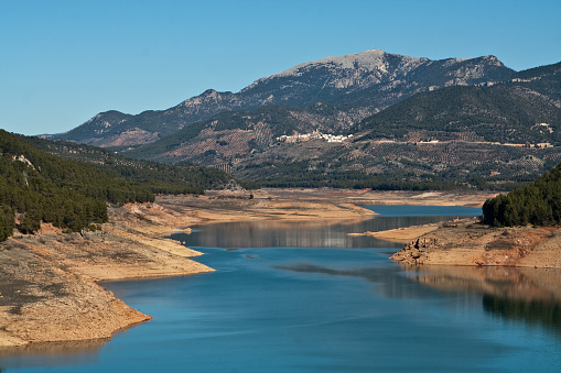 Panoramic view of reservoir of Tranco at half of its capacity, in the province of Jaen, Spain