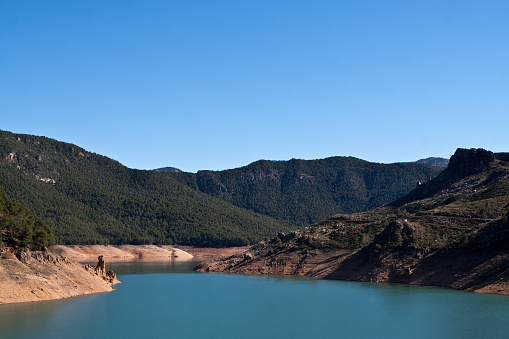 Panoramic view of reservoir of Tranco at half of its capacity, in the province of Jaen, Spain