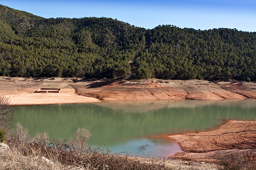 Panoramic view of reservoir of Tranco at half of its capacity, in the province of Jaen, Spain