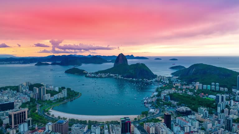 View of sunset on Rio De Janeiro looking towards Sugarloaf Mountain and the Atlantic ocean, Brazil. Aerial drone hyperlapse.