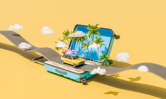 3d rendering of a yellow car with holiday gear emerging from an open suitcase on a curvy road, against a yellow background with palm trees and clouds.