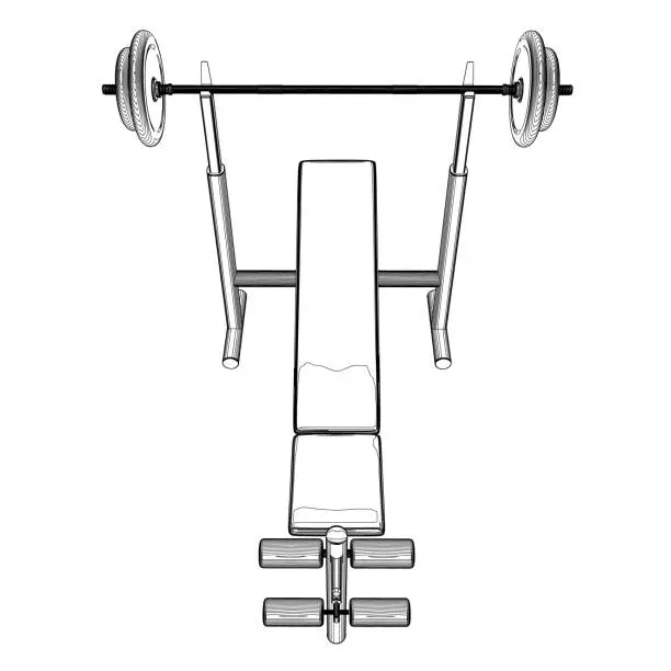 Vector illustration of Outline of Gym bench and barbell on white stand isolated on white background. Vector illustration. Line art vector of Barbell Bench Press. Top view. 3D.