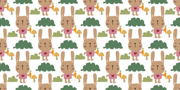 Vector illustration of Cute bunny rabbit holding carrot hand drawn kids drawing flat design seamless pattern