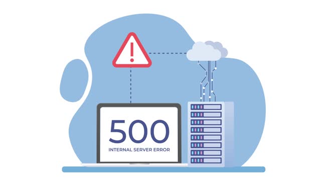 Internal Server Error 500 Warning Sign on Computer Screen. Flat Design animation