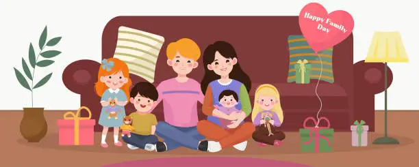 Vector illustration of Happy Family Day. International Day Of Families 15 May. Father, mother, son, two daughters and newborn baby spend time together. Bordo sofa, gifts and balloon in room. Vector illustration