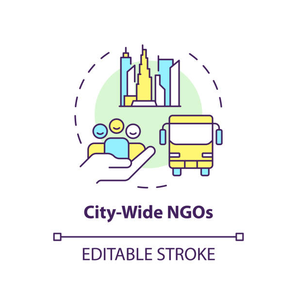 City wide NGOs multi color concept icon City wide NGOs multi color concept icon. Non governmental organization. Urban planning. Public transport. Round shape line illustration. Abstract idea. Graphic design. Easy to use in article public service icon stock illustrations