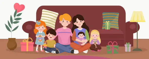 Vector illustration of Happy family smile together in home. Father, mother, two sons, two daughter speand time together. Houseplant, balloons, lamp and charachters with gifts. Vector illustration