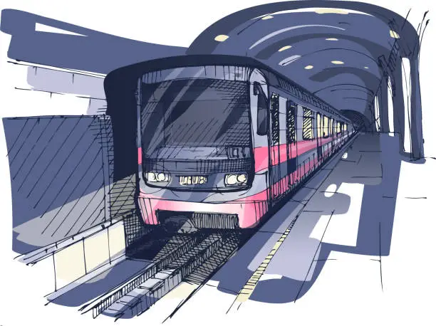 Vector illustration of Approaching Metro Station Train. Hand-Drawn Sketch.