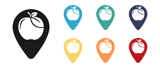 Apple, vitamins concept vector icons set. Mark on the map. Illustration