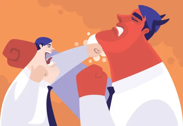 Vector illustration of angry businessman punching devil colleague