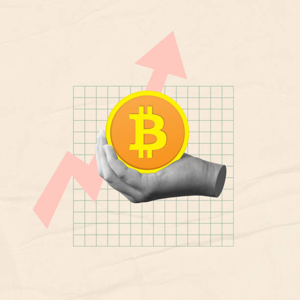 Modern art collage of a hand holding a bitcoin coin.