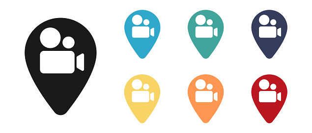 Video camera, video concept vector icons set. Mark it on the map. Illustration.
