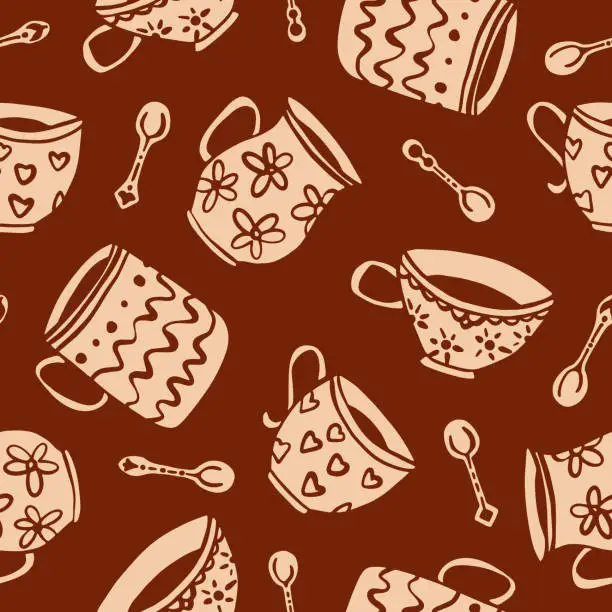 Vector illustration of Cups and Mugs Seamless Vector Pattern in Block Print Style. Tea Cup, Coffee Cup and Kitchen Mug. Porcelain Tableware