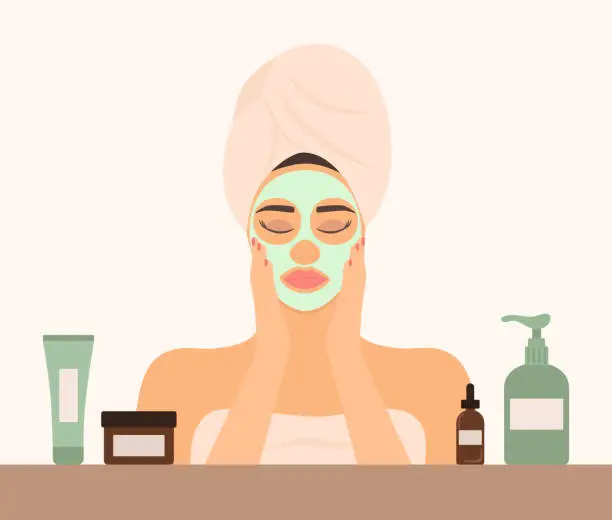 Vector illustration of Young Woman Applying Facial Mask. Skin Care Routine And Facial Treatment