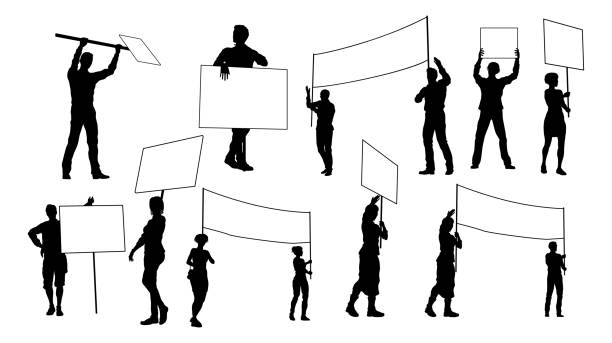 illustrazioni stock, clip art, cartoni animati e icone di tendenza di silhouette protestors march strike rally picket - picket line strike picket protestor