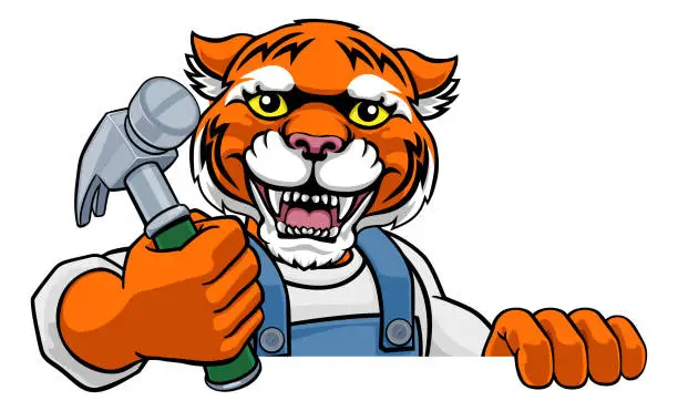 Vector illustration of Tiger Carpenter Handyman Builder Holding Hammer