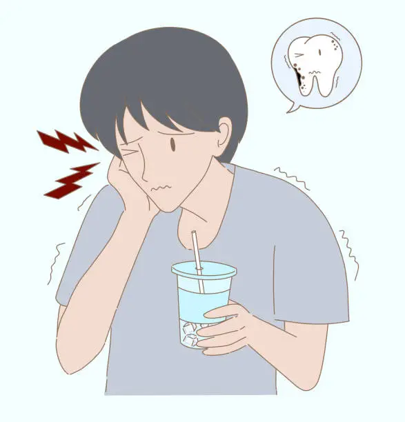 Vector illustration of Boy with sensitive teeth holding cheek with hand palm. Young man suffering, having painful from toothache after drinking cold drinks with ice. Hand drawn flat cartoon character vector illustration.