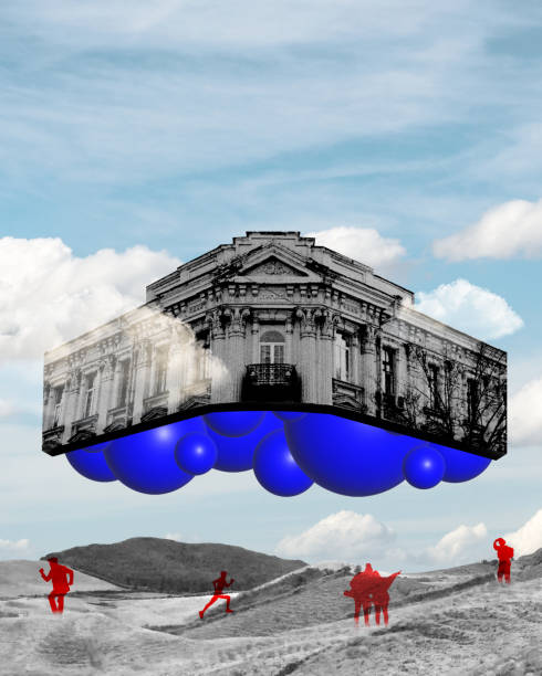 istock Monochrome grainy floating building with abstract blue geometric elements and red silhouettes of people. Contemporary art collage. 2114612673