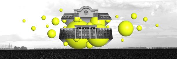 istock Monochrome floating building with abstract bright yellow sphere elements on back and white background. Contemporary art collage. 2114612675