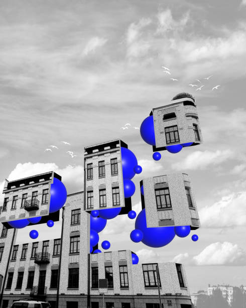 istock Abstract geometric black and white modern building with blue geometric elements on monochrome sky background. Contemporary art collage. 2114612681